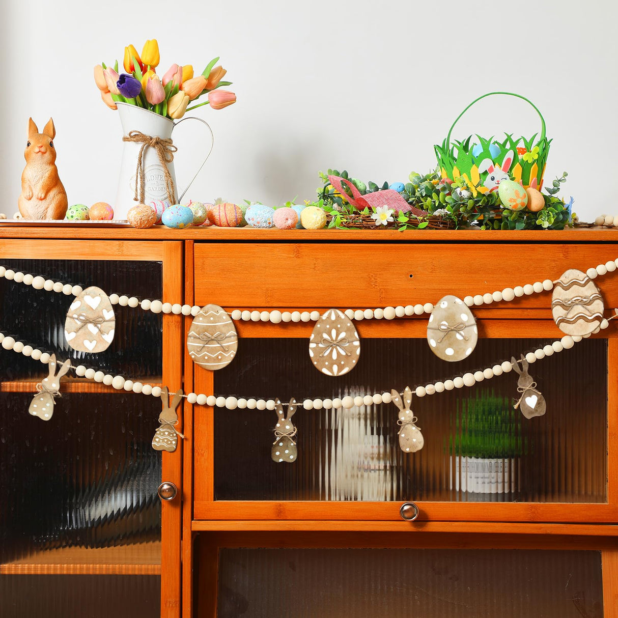 Marsui 2 Pcs 6 FT Easter Day Wooden Beads Garland Rustic Farmhouse Banner Spring Garland Easter Mantel Decorations Rabbit Egg Beaded Tiered Tray Decor for Celebration Shelf Display Fireplace Wall Marsui