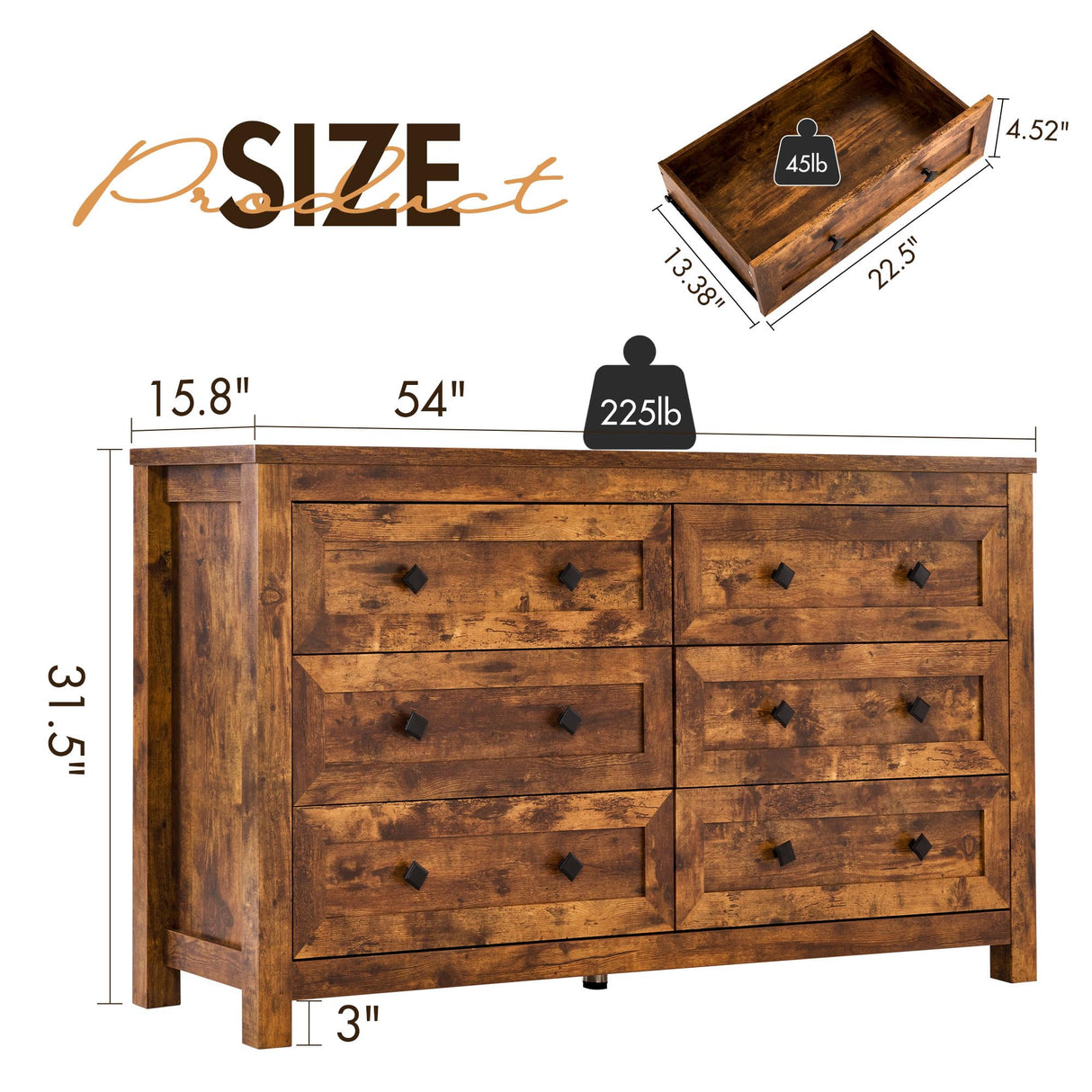 VanAcc 6 Drawers Dresser for Bedroom, Farmhouse Wood Chest of Drawers with Vintage Grain Texture, Drawer Double Dresser for Bedroom, Living Room, Hallway, Rustic Brown VanAcc