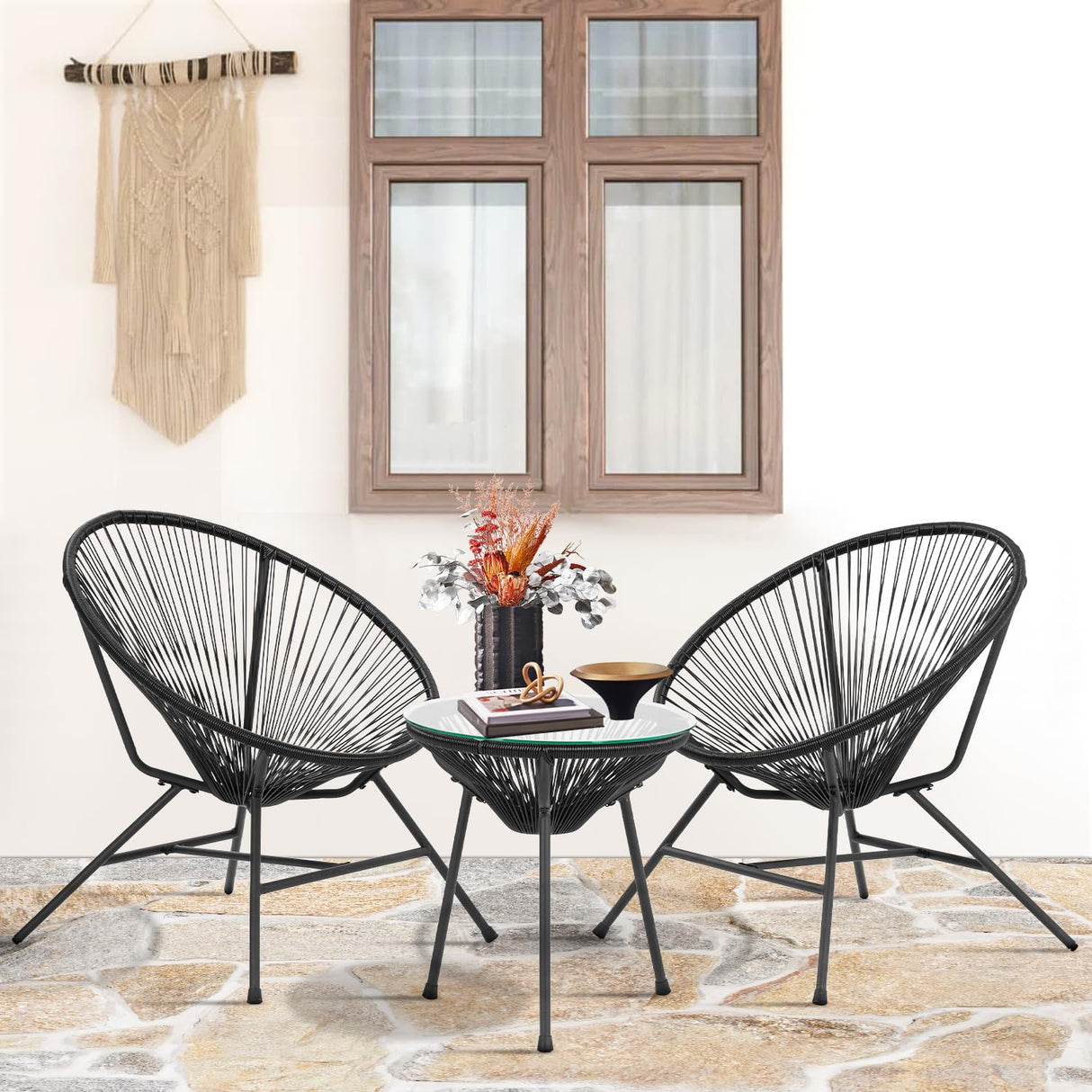 Acapulco Patio Bistro Set 3-Piece Outdoor Furniture Set All-Weather Woven Rope Patio Conversation Set with Glass Top Table and 2 Chairs (Black) PayLessHere