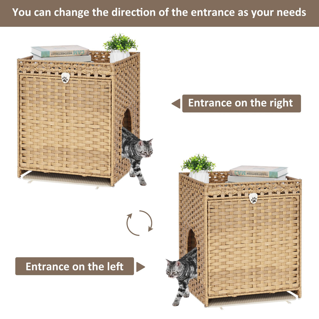 Cat Litter Box Enclosure with Soft Litter Mat; Hidden Cat Washroom Furniture with Door; Handwoven Rattan Cat House; Pet Crate for Living Room, Bedroom, Balcony (Natural) Honiakaka