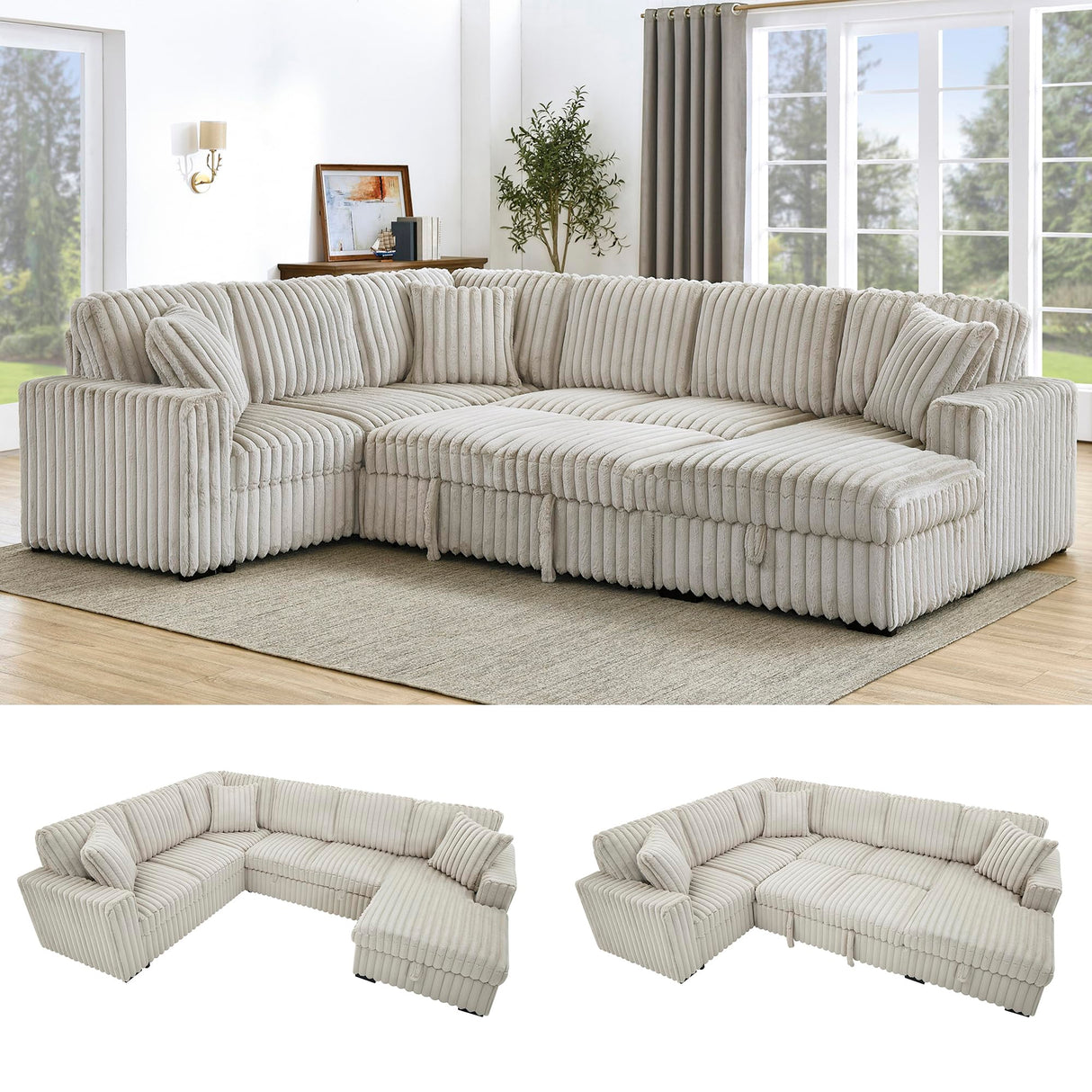 122'' Convertible U-Shaped Faux Rabbit Fur Plush Sectional Sleeper Sofa, Upholstered Cloud Couch Pull-Out Sofa Bed with Storage Chaise and USB Ports for Living Room (Khaki, 122'' x 95.6'') Familymill