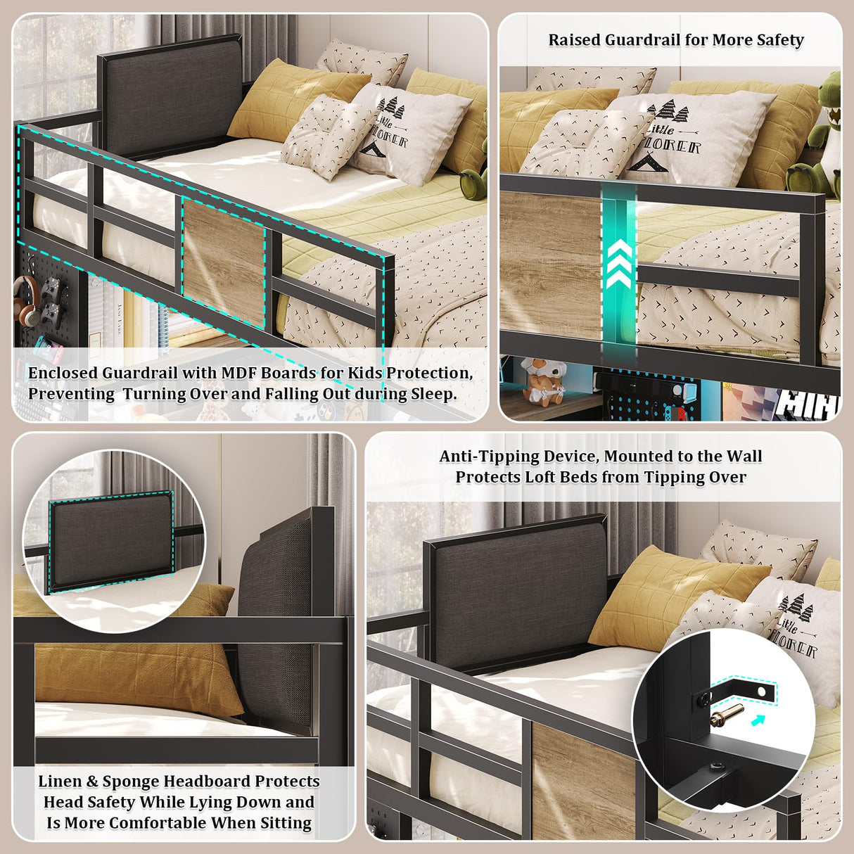 busyaeh Twin Size Loft Bed with L-Shaped Desk and Storage, Bunk Bed with Desk Underneath Drawers, Metal Twin Loft with Clothes Rail, Safety Guard & Stairs, LED Lights, Charging Station, Oak Gray busyaeh