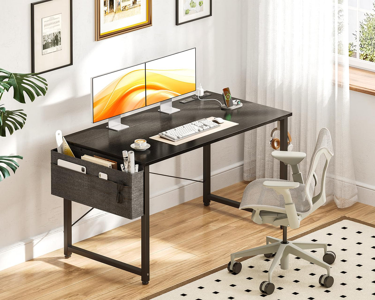 ODK Computer Desk - 48 Inch Office Writing Desk for Home, Student Study Desk with Storage Bag, Headphone Hook & Power Outlets, Modern Simple Table for Bedroom, Black ODK