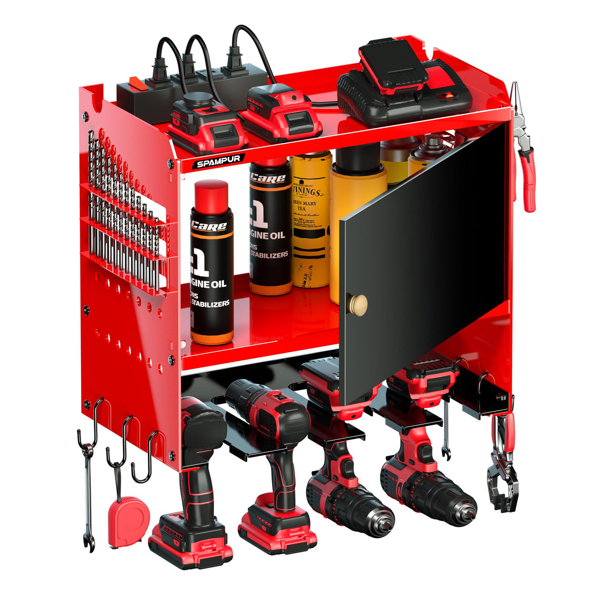 Spampur Power Tool Organizer Wall Mount with Charging Station,Garage Metal Cabinet 15 Min Quick Assembly & Max 150lb load with 6 Outlet Power Strip, 8 Slots Cordless Drill for Workshop/Shed/Tool Room Spampur