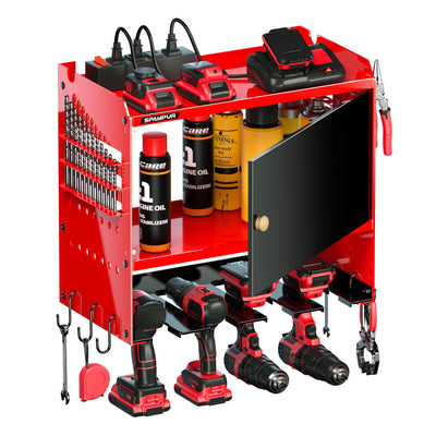 Spampur Power Tool Organizer Wall Mount with Charging Station,Garage Metal Cabinet 15 Min Quick Assembly & Max 150lb load with 6 Outlet Power Strip, 8 Slots Cordless Drill for Workshop/Shed/Tool Room