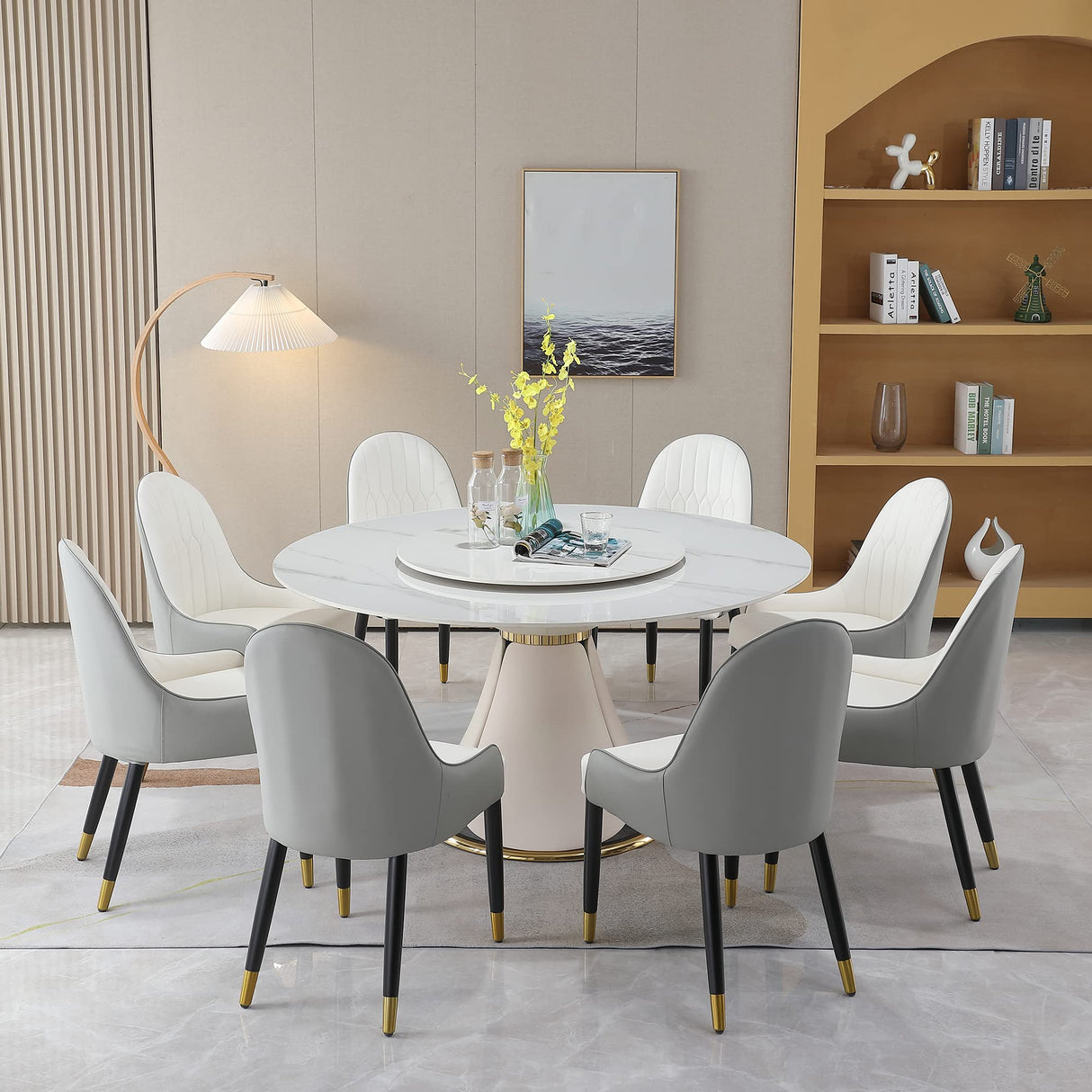 Montary 9 Piece Dining Table Set, Modern Dining Table Set of 8, White 59" D Sintered Stone Round Table, Faux Marble Dining Room Table with 8 Gray Dining Chairs Montary