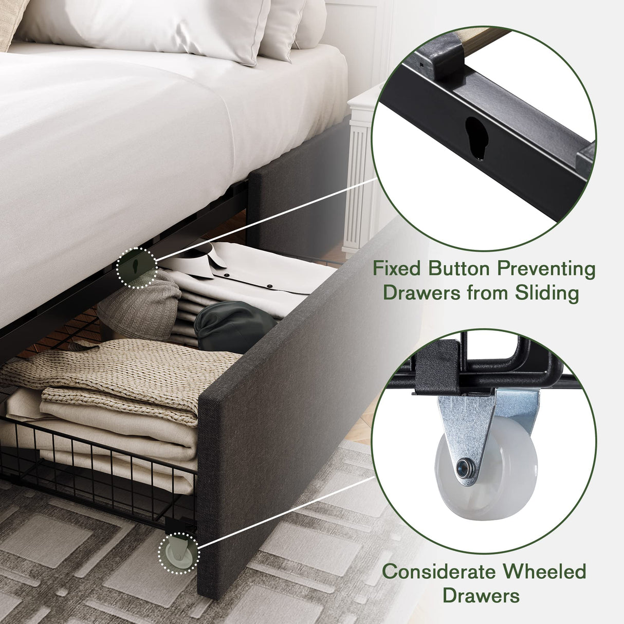 IMUsee Queen Bed Frame with Storage, 3 Large Drawers on Wheels, Fabric Upholstered Platform Bed, No Box Spring Needed, Wood Slats Support, Easy Assembly, Dark Grey IMUsee