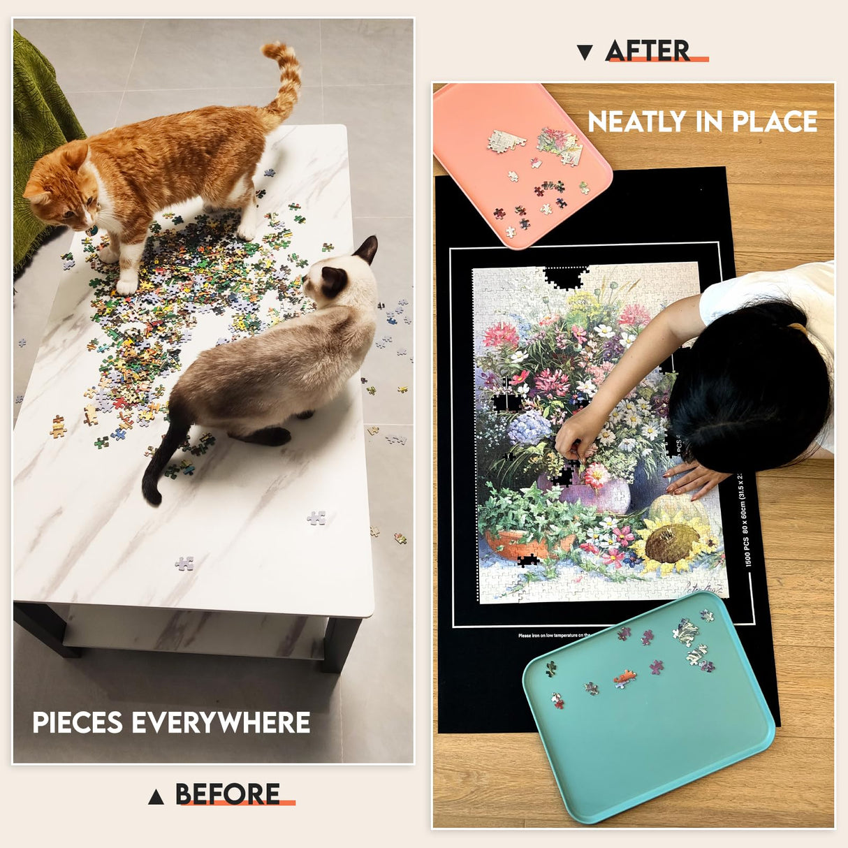 Nariolar Rubber and Felt Jigsaw Puzzle Mat Roll Up, Nariolar 47 x 26 Inch Portable Non-Slip Puzzle Roll-Up Mat for 500/1000/1500 Piece Jigsaw Puzzles, Pack of 2 Mats Nariolar