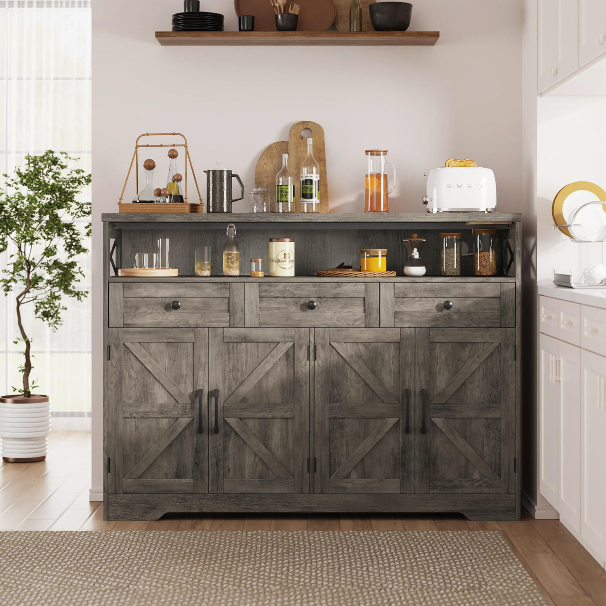 51" Farmhouse Buffet Sideboard with Storage, Kitchen Pantry Cabinet with Storage Drawers, Wood Cupboard Hutch, Coffee Bar Station Table for Kitchen, Living Room, Dining Room, Grey FiveWillowise