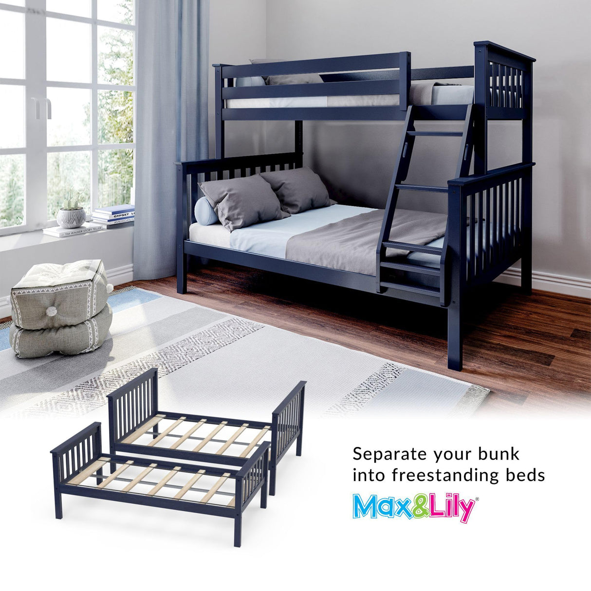 Max & Lily Bunk Bed Twin Over Full Size with Ladder, Solid Wood Platform Bed Frame with Ladder for Kids, 14" Safety Guardrails, Easy Assembly, No Box Spring Needed, Blue Max & Lily