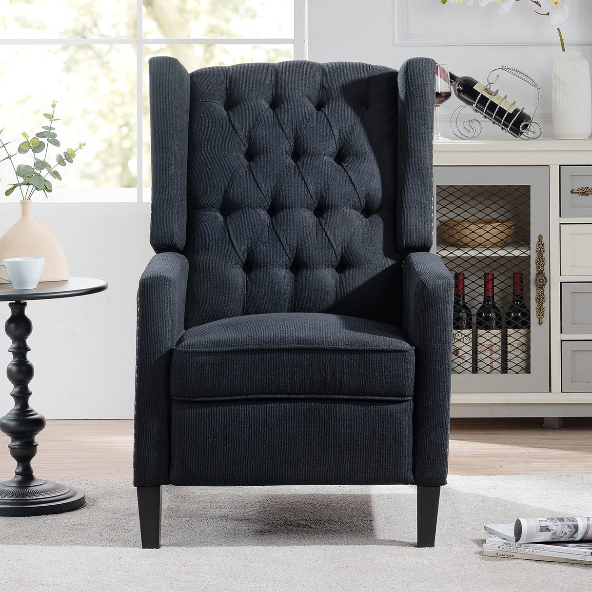 Black Fabric Recliner Chair for Adults Accent Wingback Chair Mid-Century Modern Recliner Tufted Chairs Living Room Armchair for Bedrooms Reading Recliner 27" Wide Vaztrlus
