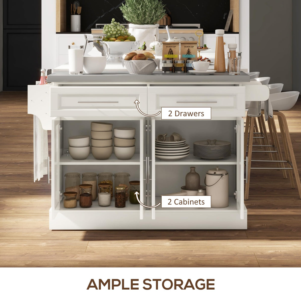 HOMCOM Rolling Island with Wheels for Kitchen, Portable Kitchen Island with Stainless Steel Top, Adjustable Shelves, 2 Drawers, Spice, Knife and Towel Rack, Cream White HOMCOM