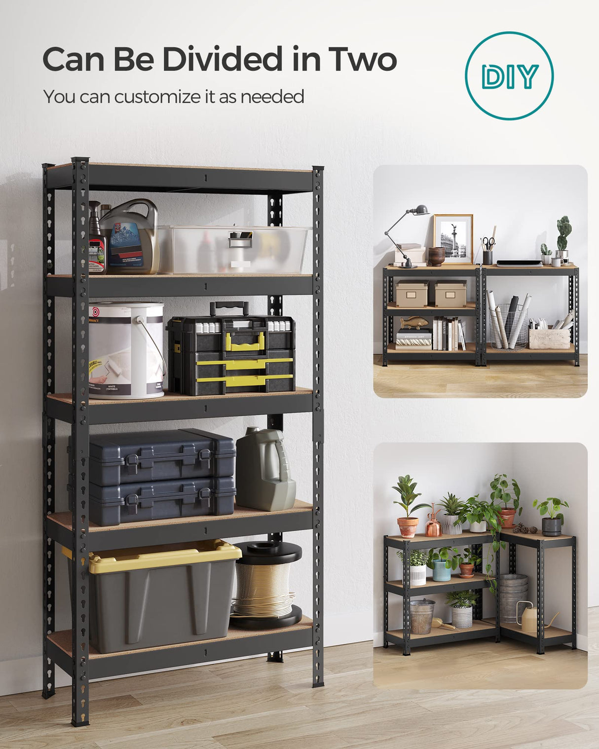 SONGMICS 5-Tier Storage Shelves, Set of 2 Garage Storage, Boltless Assembly, Adjustable Shelving Units, 11.8 x 29.5 x 59.1 Inches, Load 1929 lb Each, Shed Warehouse Basement, Black UGLR300B02 SONGMICS