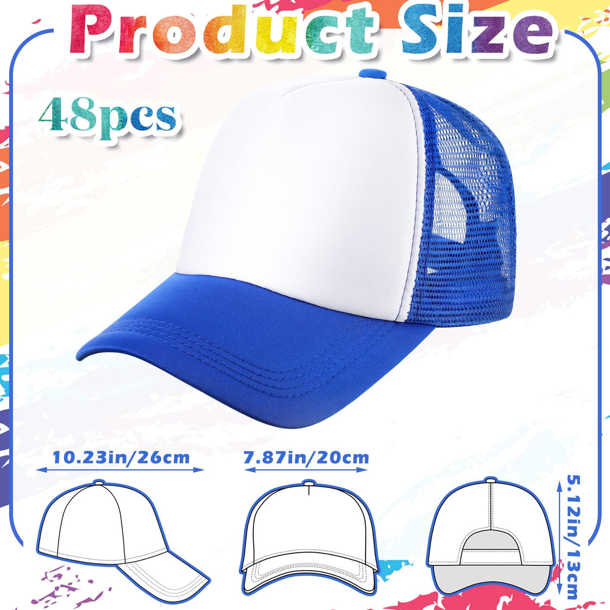 Jeyiour 48 Pack Trucker Hat Bulk Polyester Adjustable Plain Mesh Sublimation Blank Baseball Cap for Women Men Kids(Large,Multi Colors) Jeyiour