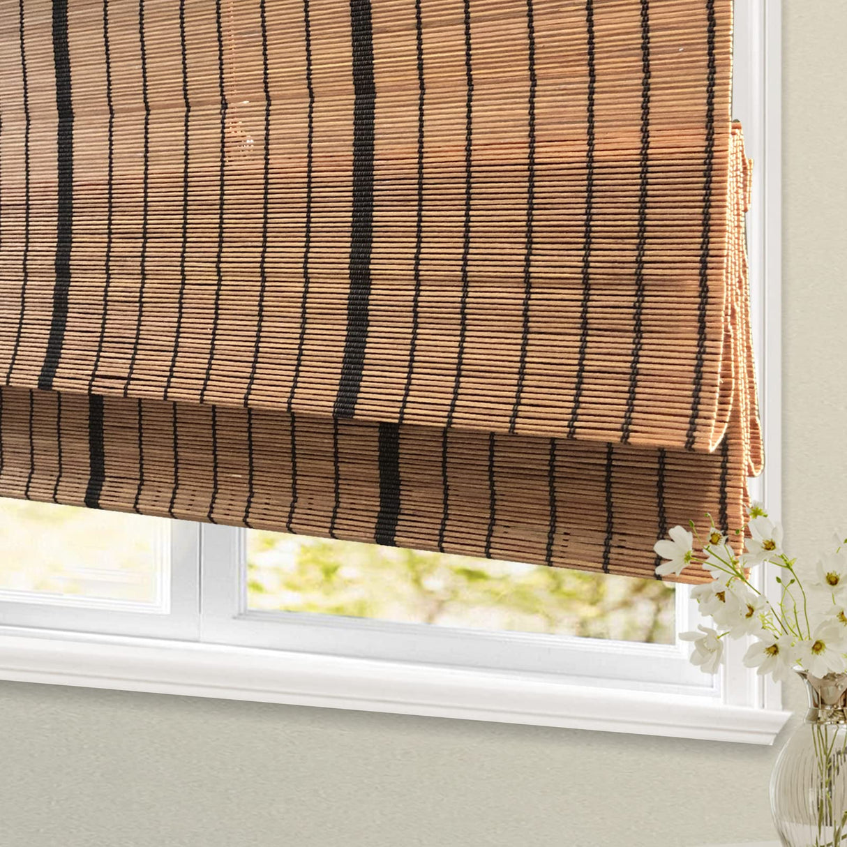 Blackout Cordless Bamboo Roman Shades with Lining - Custom Natural Window Blinds in Pattern 1 HousCa