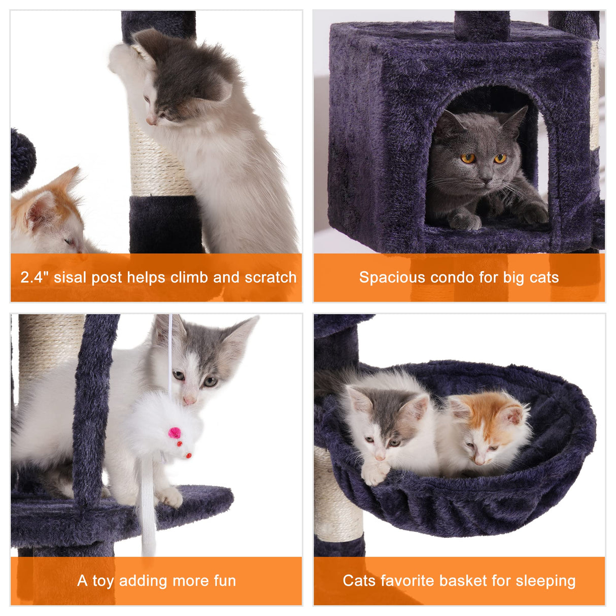 Heybly Cat Tree with Toy, Cat Tower condo for Indoor Cats, Cat House with Padded Plush Perch, Cozy Hammock and Sisal Scratching Posts, Smoky Gray HCT004SG Heybly