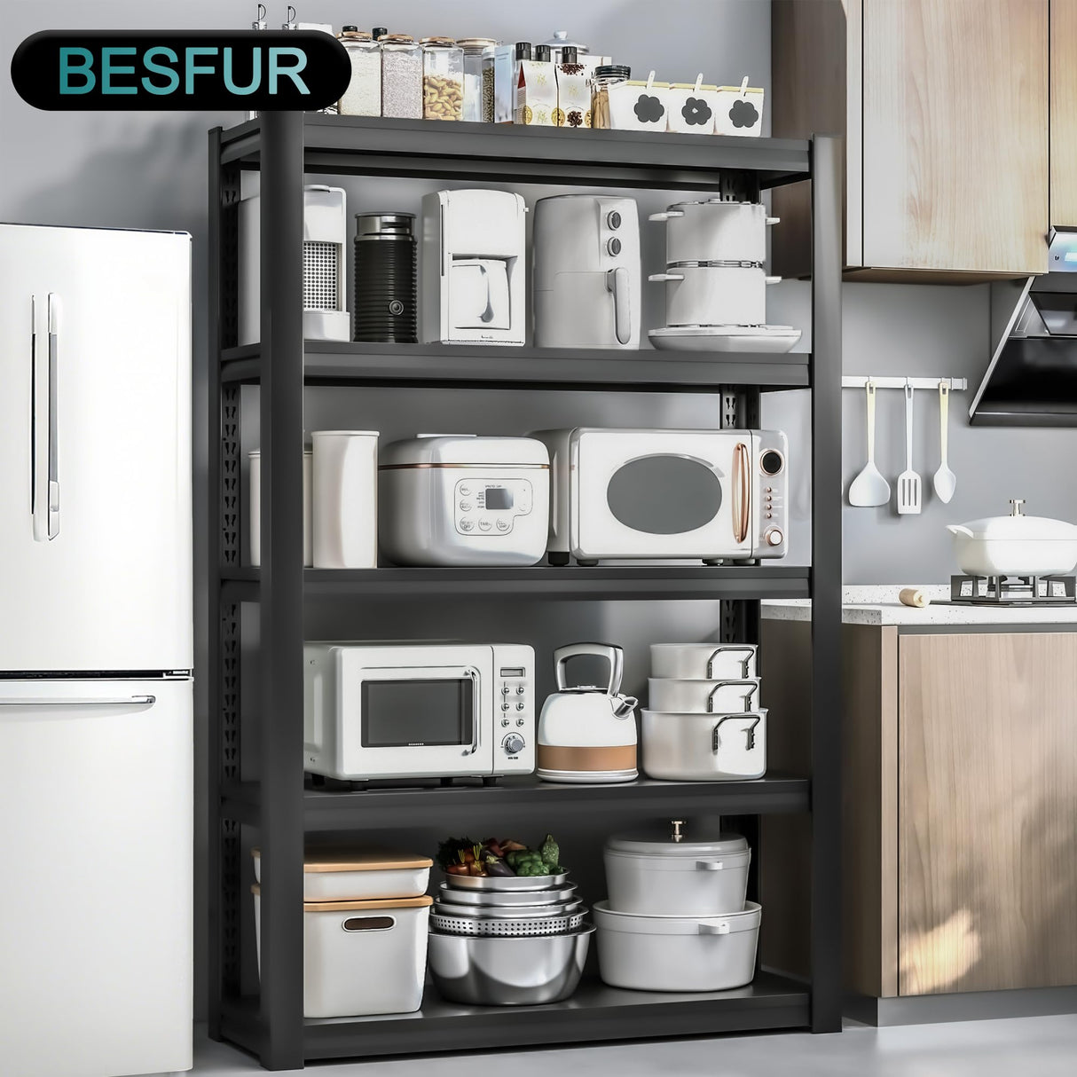 BESFUR 5-Tier Wider Garage Storage Shelves, Heavy Duty Metal Shelving Unit, Adjustable Matal Storage Shelving, 3000 lbs Capacity, for Warehouse Garage Basement, 19.7" D*47.3" W*71" H, Black BESFUR