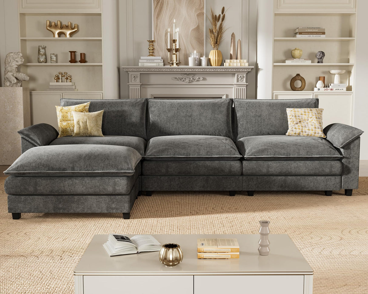 Homall 119" Modular Sectional Sofa, L Shaped Sofa Couch with Reversible Ottoman, DIY Combination Chenille Deep 3-Seat Cloud Couch for Living Room, Apartment (L Shaped Sofa, Grey) Homall