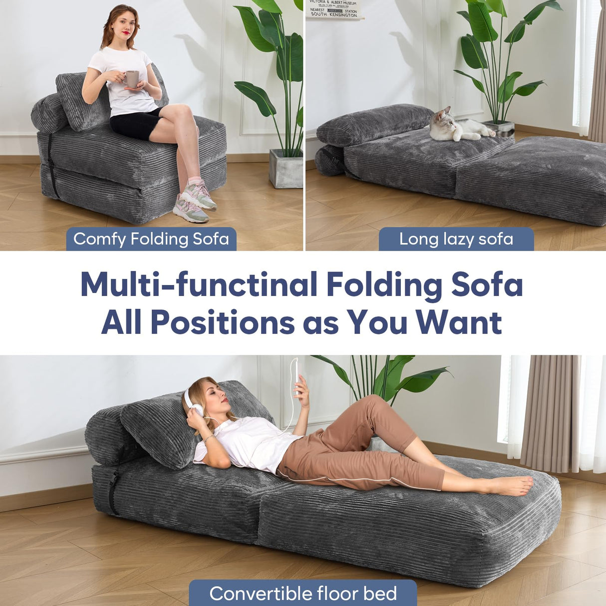 SHOUREN Folding Sofa Bed,Convertible Sleeper Chair Bed with Pillow,Foldable Futon Couch Mattress with Back Support,Portable Lazy Floor Sofa Lounger, Dark Grey, Single SHOUREN