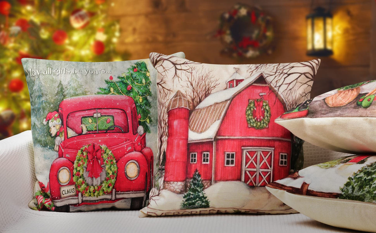 Hlonon Christmas Decorations Christmas Pillow Covers 18 x 18 Inches Set of 4 - Xmas Series Cushion Pillow Cover Custom Zippered Square Pillowcase Hlonon