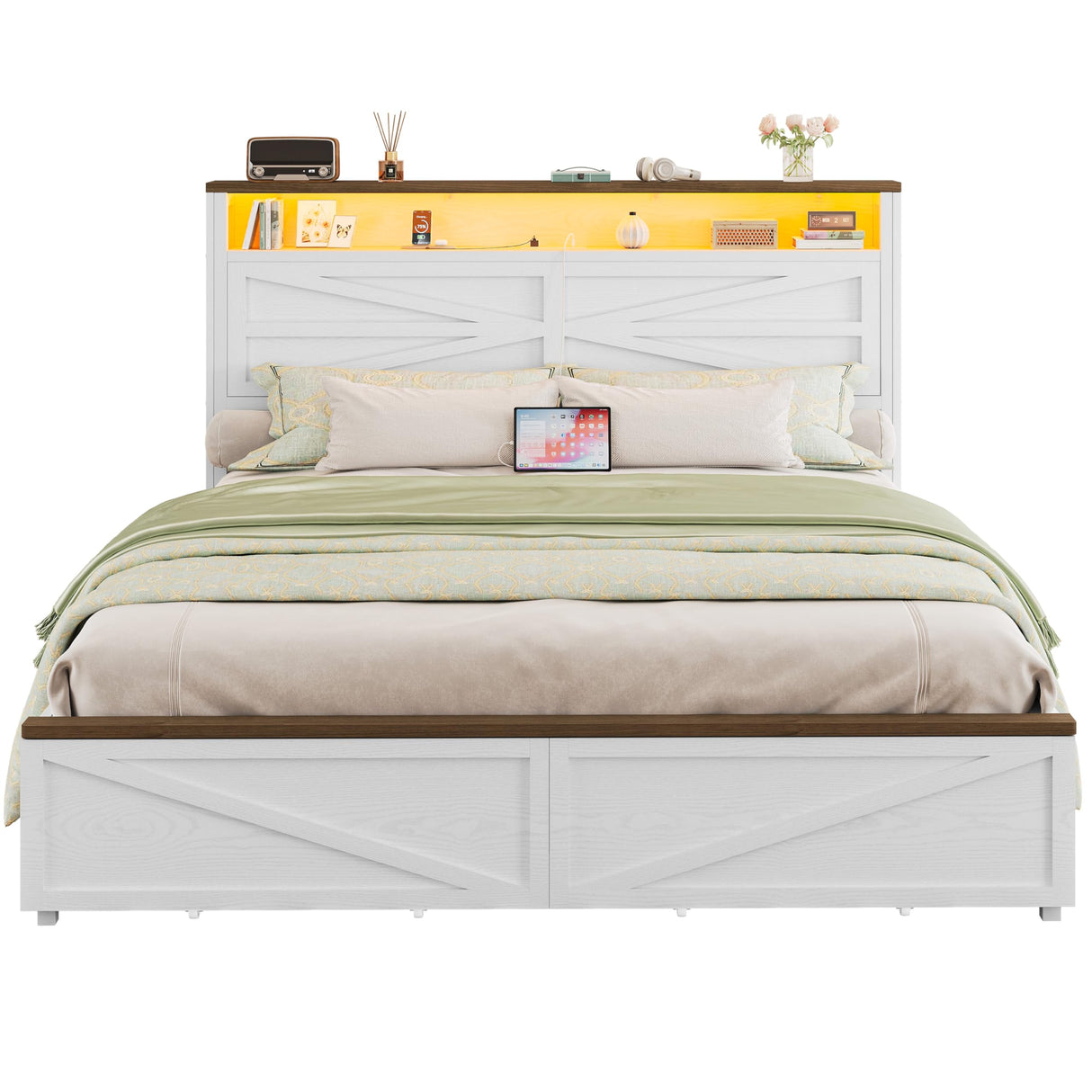 IRONCK Farmhouse Full Size Bed Frame with LED Light and Charging Station, Wood Bed Frame with Storage Headboard and 2 Drawers, Barn Door Design, Sturdy and Noiseless, White IRONCK