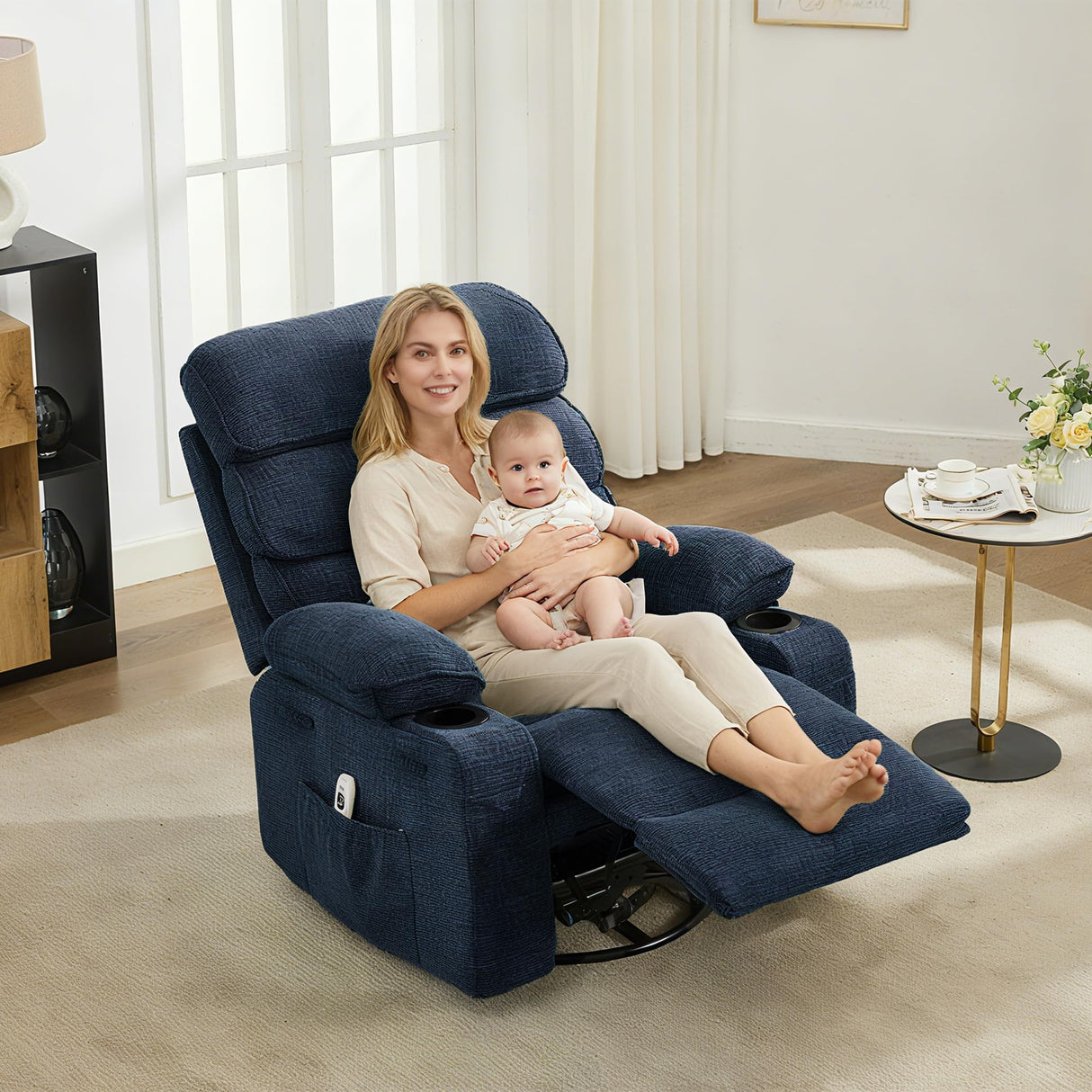360° Swivel Massage Rocker Recliner with Heat, Linen Glider Chair for Adults, Side Pocket & 2 Cup Holders – Living Room & Bedroom Comfort Tioutbot