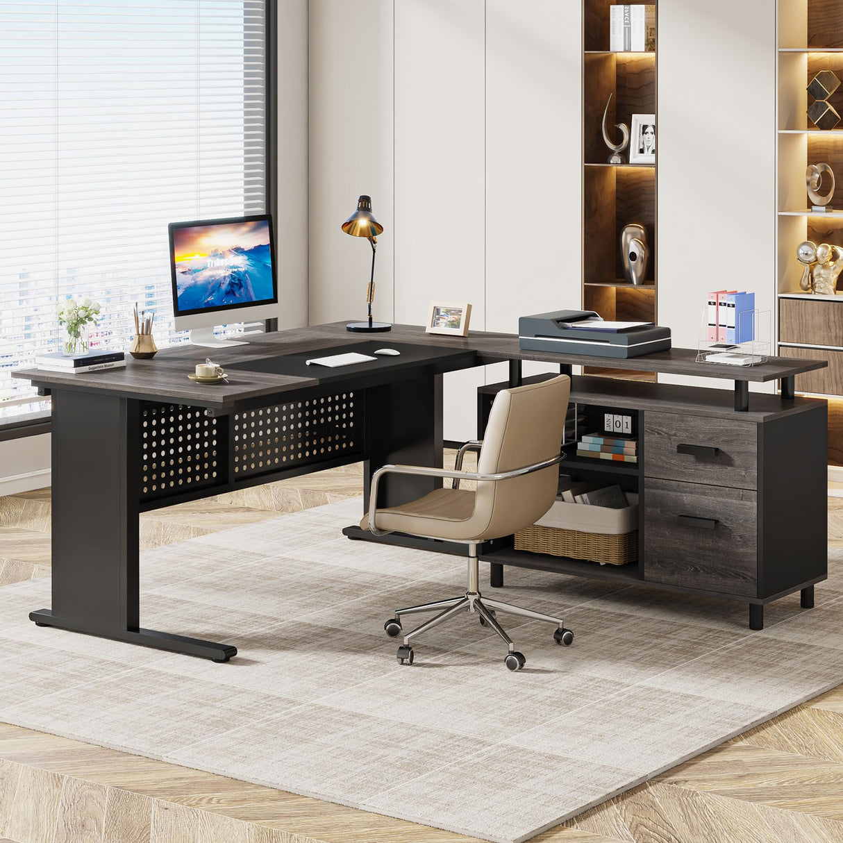 Tribesigns 63 Inch Executive Desk with File Cabinet, Large Office Desk L Shaped Computer Desk with Drawers and Storage Shelves, Business Furniture Desk Workstation for Home Office, Gray and Black Tribesigns
