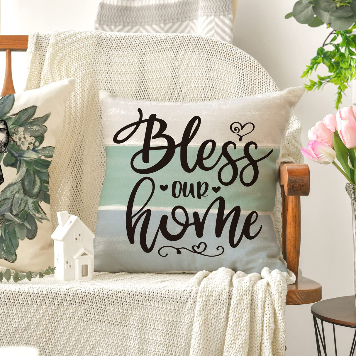 AVOIN colorlife Fall Sweet Home Eucalyptus Lamb Ear Wreath Throw Pillow Covers, 18 x 18 Inch Bless Our Home Buffalo Plaid Cushion Case for Sofa Couch Set of 4 AVOIN colorlife