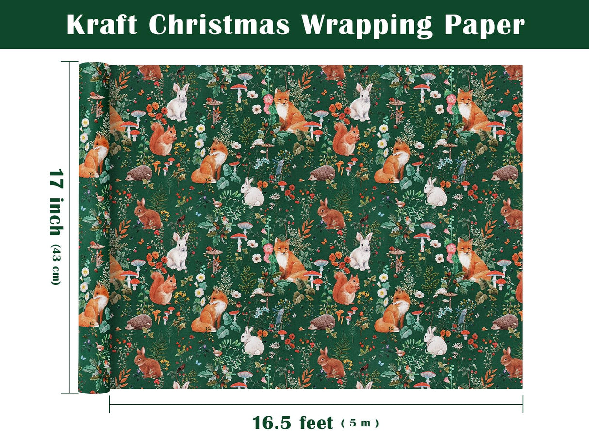 WRAPAHOLIC Kraft Forest Animal Christmas Wrapping Paper - Mini Roll - 17 Inch x 16.5 Feet - Forest Animals Fox Wrapping Paper with Flowers Design for Christmas Holiday, Party Celebration WRAPAHOLIC