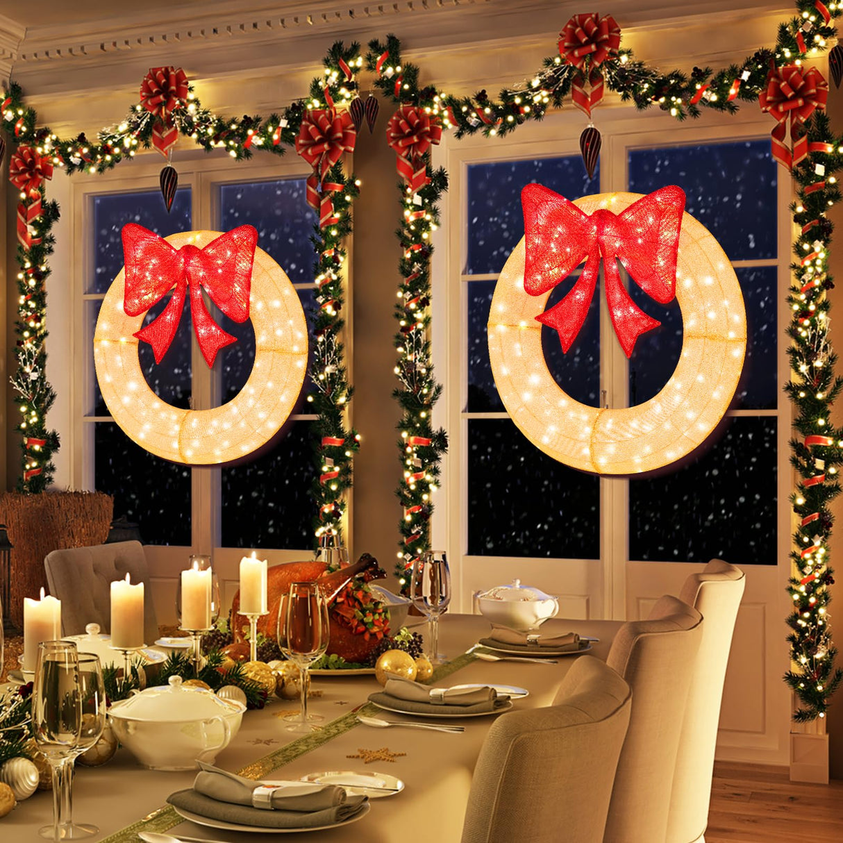 Tangkula 48 Inch Lighted Christmas Mesh Wreath, Pre-Lit Festive Wreath w/Large Bow & 200 LED Bulbs, Hooks & Zip Ties Included, Weatherproof Festive Decoration for Indoor Outdoor Tangkula