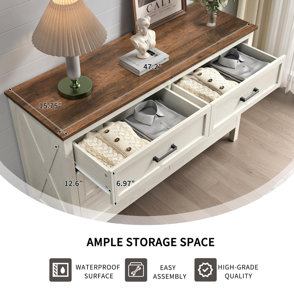 BAZELOR Farmhouse Dresser for Bedroom, 6 Drawers Dresser with Natural Texture, Wood Rustic Wide Chest for Bedroom, Hallway, Entryway, Antique White BAZELOR