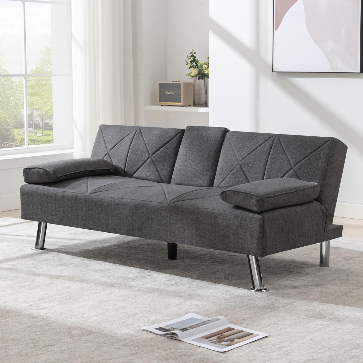 VECELO Modern Convertible Folding Futon Sofa Bed with Removable Armrests Breathable Linen Recliner Couch for Living Room/Apartment Lounge, 2 Cup Holders, Dark Grey VECELO