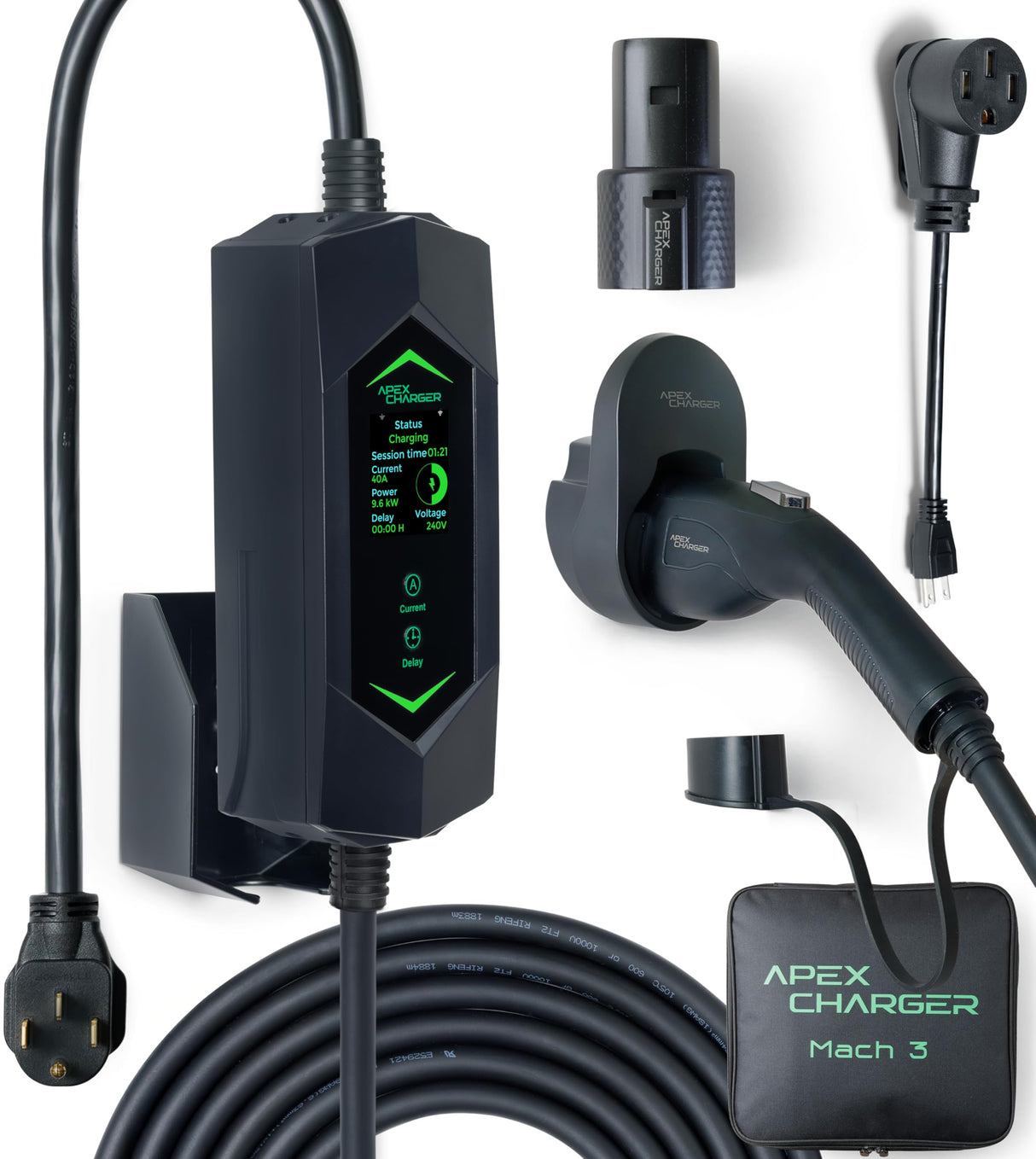 MACH 3 Fast 40 Amp Level 1&2 Portable EV Charger, Electric Vehicle Charging Station, 120-240V NEMA 14-50 w/ 5-15 Adapter. SAE J1772 car Connector & Tesla mobile NACS, Outdoor EVSE, 25ft Cable w/holder ApexCharger