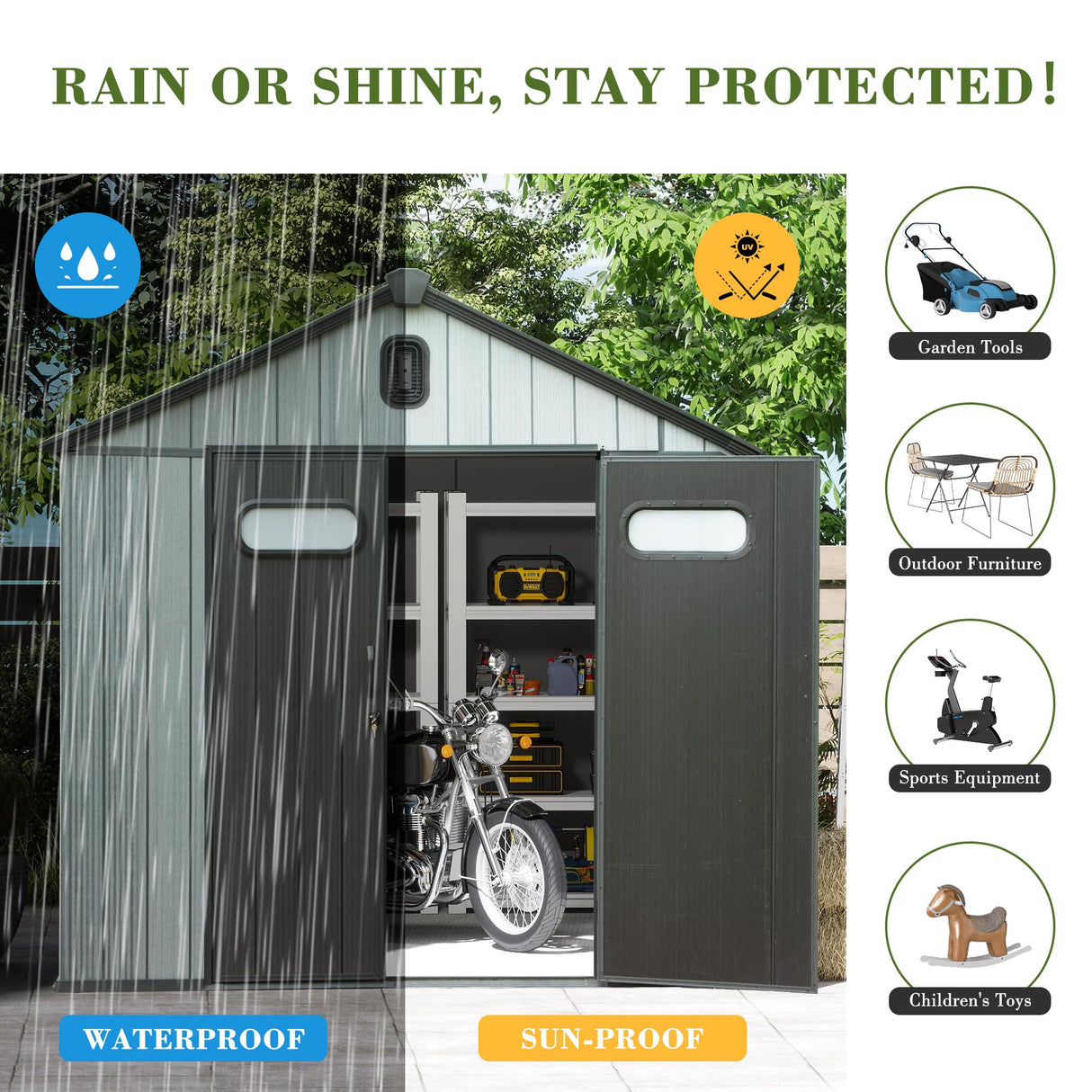 Domi 8x10FT Outdoor Resin Storage Shed with Transparent Windows & Louvered Vents, Plastic Tool Shed with Double Lockable Doors & Gable Roof, Outside Garden Shed for Backyard, Patio, Lawn, Grey domi outdoor living