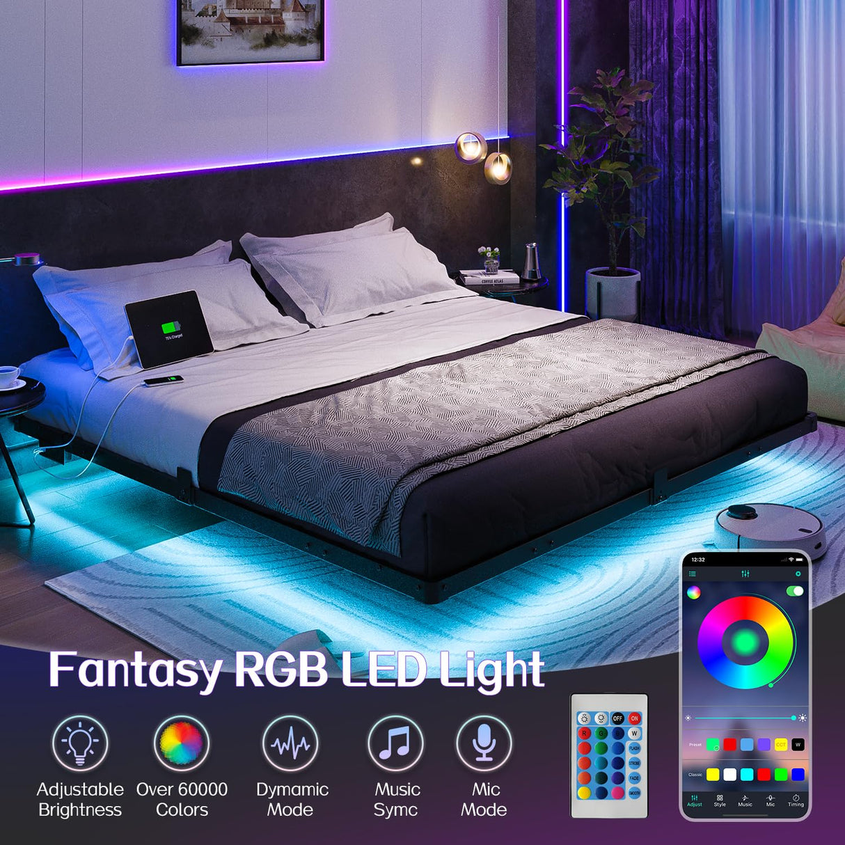 Liians King Size Floating Bed Frame with Smart LED Lights and USB Charging Station, Modern Sturdy Metal Platform, Noise Free, No Box Spring Needed Easy Assembly Liians