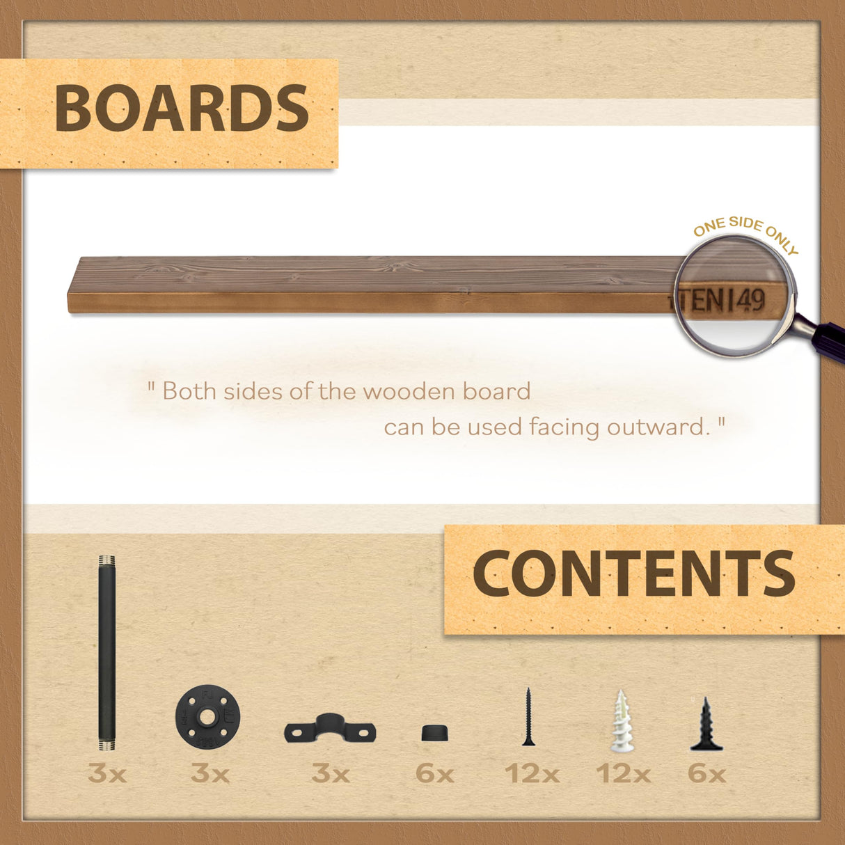 TEN49 Real Wood Rustic Floating Shelves - 60x12 Extra Large Wooden Pipe Shelving for Wall - Wall Shelf For Fireplace Mantel, Bedroom, Living Room, Kitchen, Laundry - Dark Espresso Color - Set of 1 TEN49