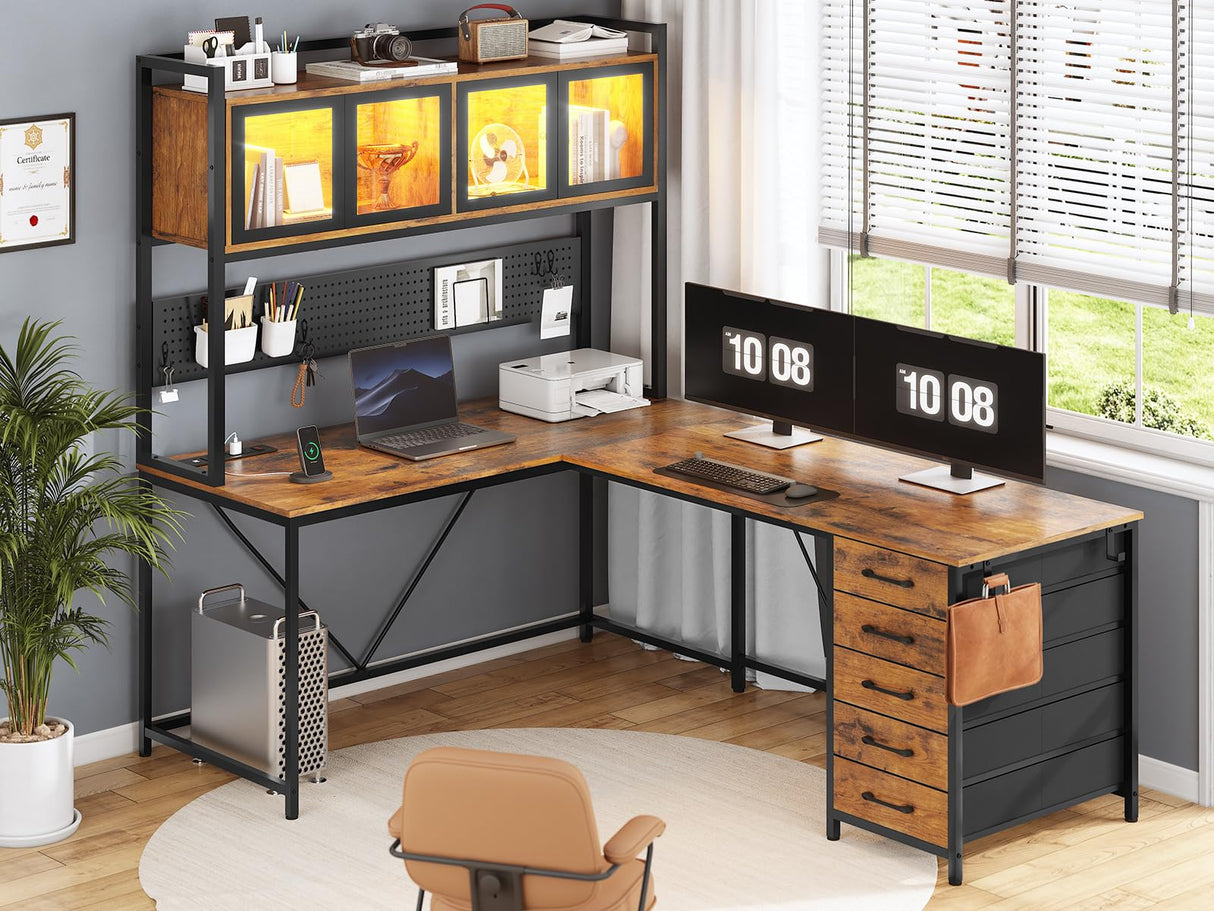 SEDETA L Shaped Gaming Desk with Drawers, L Shaped Computer Desk with Hutch and Storage Shelves, Gaming Desk with Pegboard, Led Lights, and Power Outlet, Home Office Desk, Corner Desk, Rustic Brown SEDETA