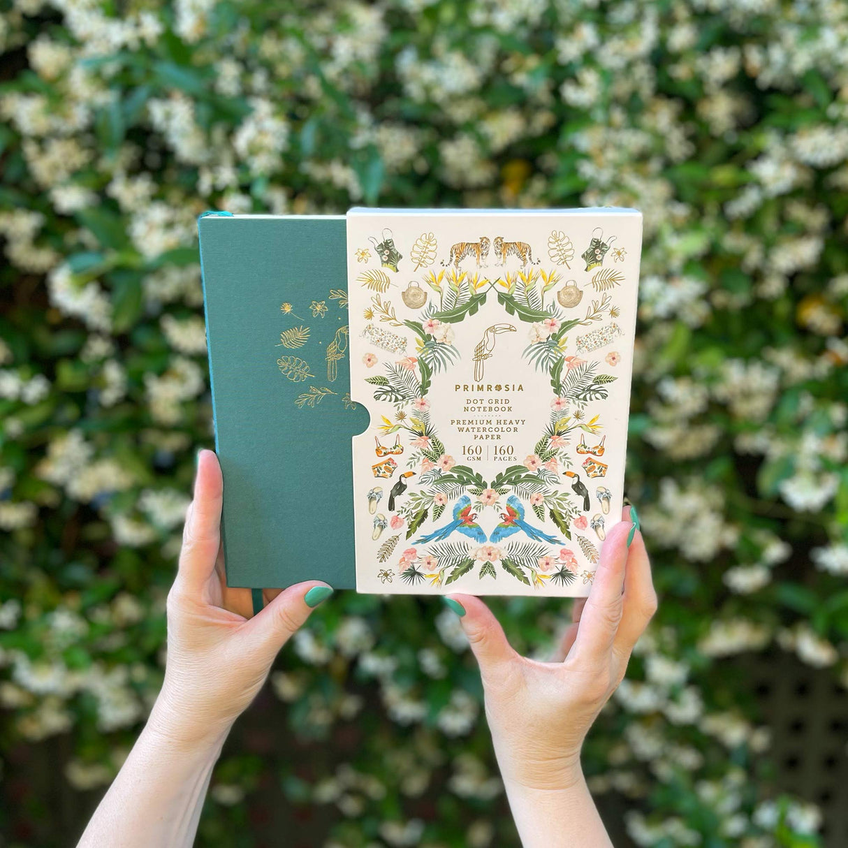 Primrosia A5 Dot Grid Watercolor Journal Notebook – 160 Pages I 160gsm Premium Heavy Paper, No Bleed – Luxe Linen Hard Cover with Cute Toucan Slip Cover (Jungle Green) Primrosia