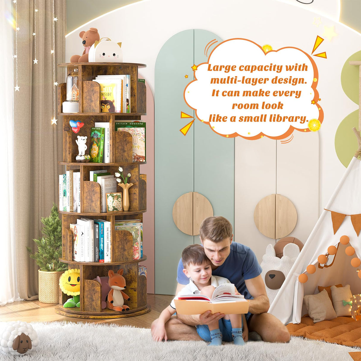 Stylish 360° Rotating 5-Tier Bookshelf in Rustic Brown for Space-Saving Storage Aheaplus