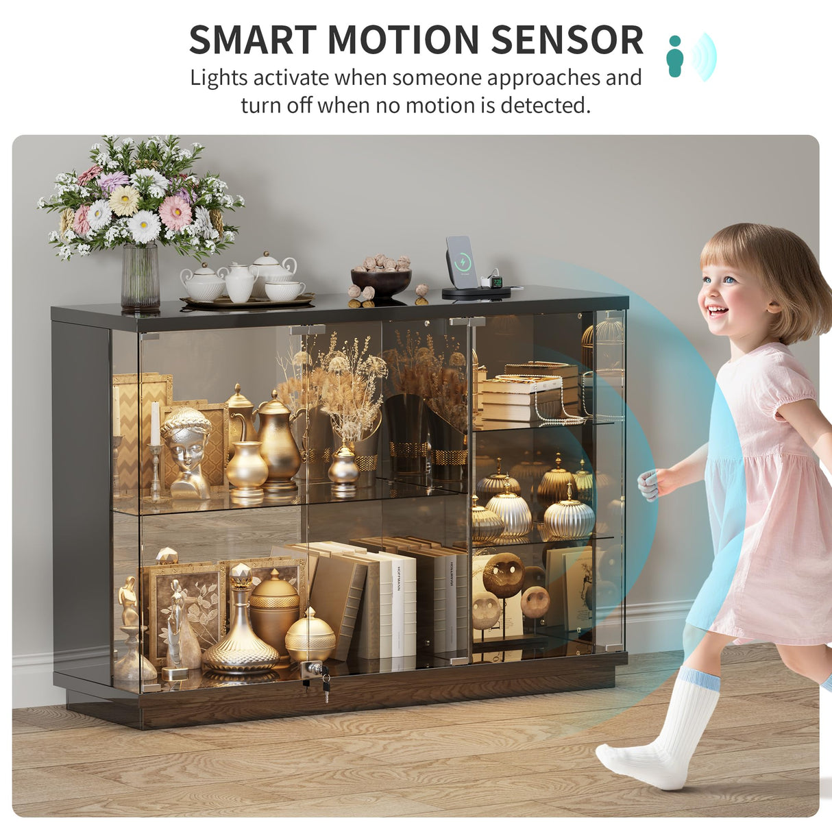 HNEBC Lockable Display Curio Cabinet with Glass Door,47.2" W Glass Display Cabinet with 3 Color Lights for Collectibles,5-Tier Lighted Display Case with Human Sensor,Living Room,Black HNEBC