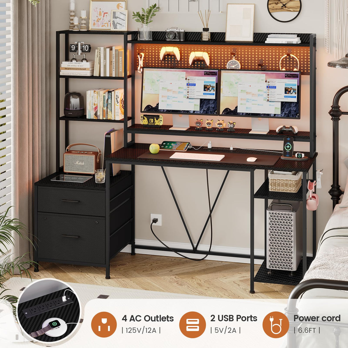 Gaming Desk with Hutch, 65in Reversible Computer Desk with Power Outlets LED Light, Home Office Desk with Monitor Stand 2 Drawers 4 Storage Shelves Pegboard 8 Hooks Mouse Pad(Carbon Fiber Black) UPOSOJA