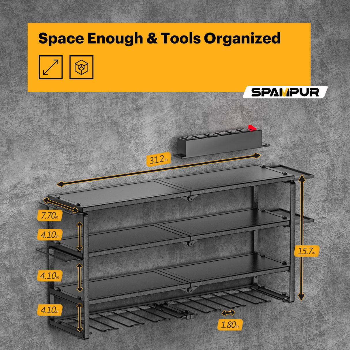Spampur Power Tool Organizer with Charging Station, 8 Drill Holder Wall Mount, 4 Layer Storage Rack for Garage storage, Heavy Duty Utility Racks, Tool Battery Shelf with 6 Outlet Power Strip Spampur