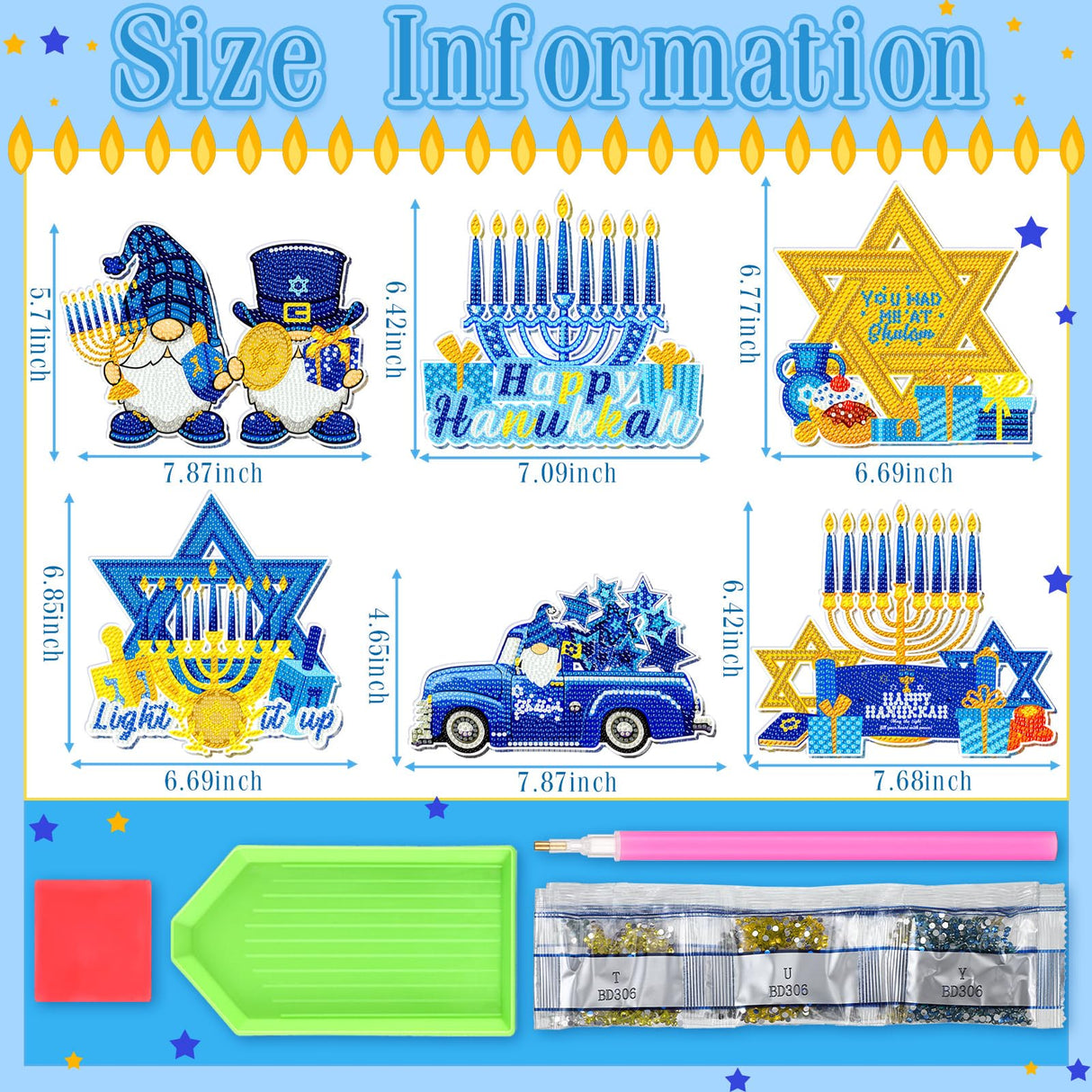 Zonon 6 Pcs Hanukkah Diamond Art Painting Hanging Sign Set Hanukkah Star Diamond Art Adults 5d DIY Craft Acrylic Pendant Ornaments Kits for Home Wall Door Window Decor Zonon