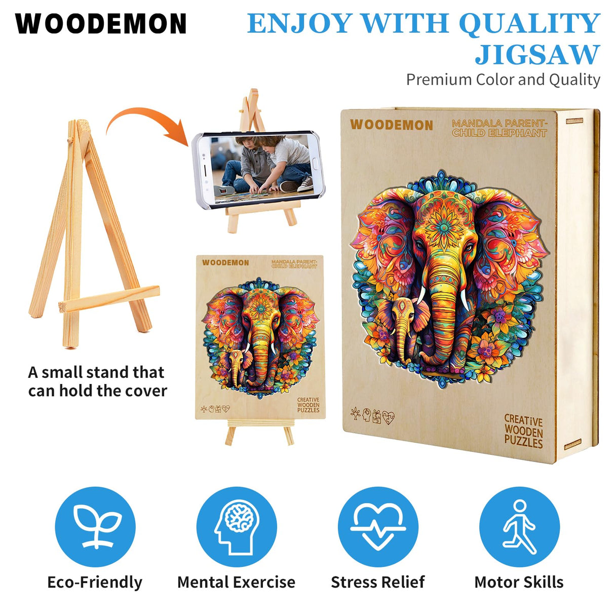 Woodemon Wooden Puzzles for Adults, Mandala Elephant (M-200pcs) Wooden Jigsaw Puzzles Kids, 9.6 * 9.3in Unique Shaped Animal Wood Puzzles Adults, Xmas Christmas Puzzles Birthday Gifts Family Games Woodemon