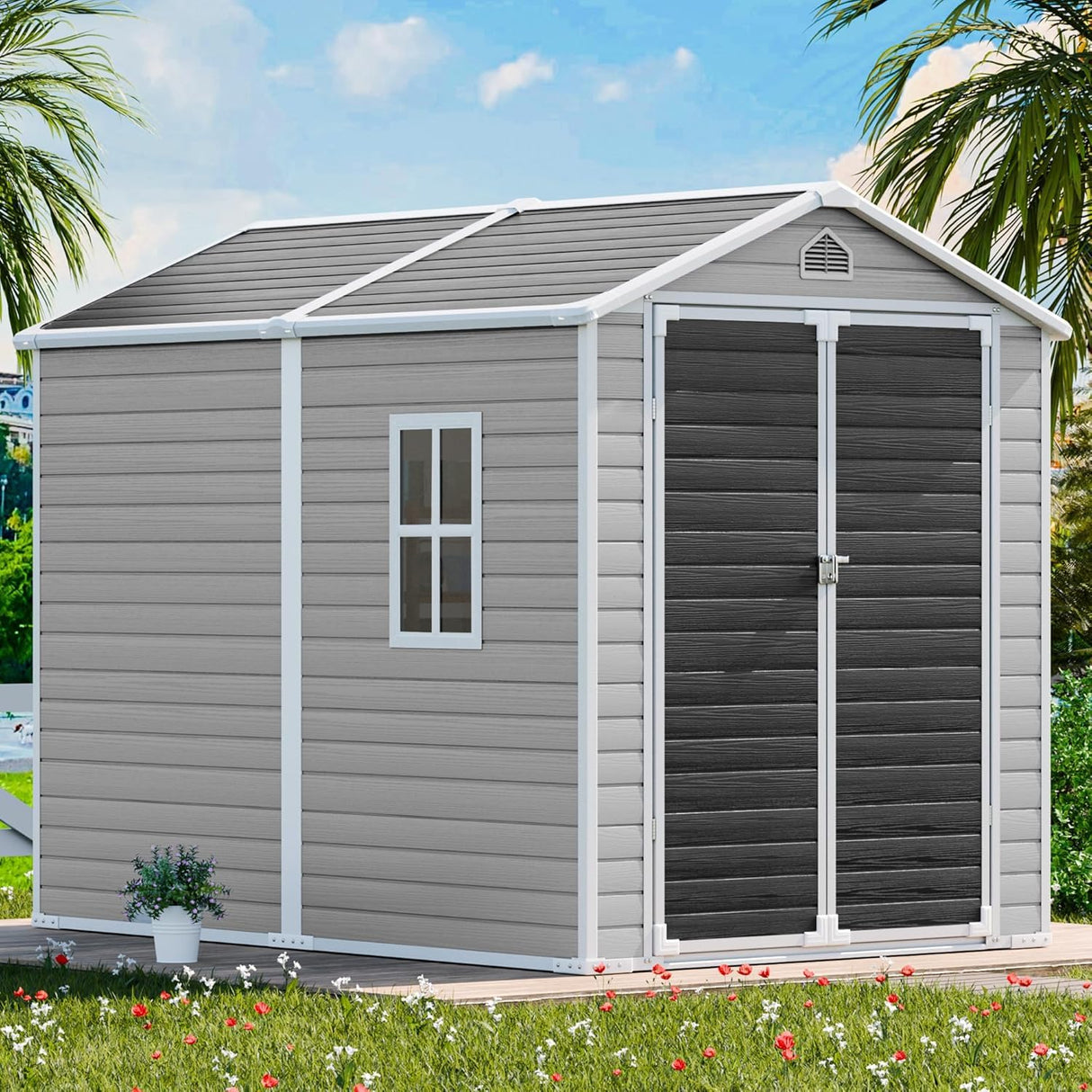 CDCASA 8x6 FT Resin Storage Shed, Waterproof Large Outdoor Shed with Floor & Lockable Door & Window & Vents, Plastic Tool Shed for Backyard, Patio, Poolside, Lawn, Dove Grey CDCASA
