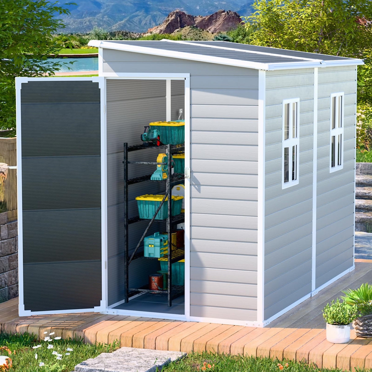 WACASA Outdoor Storage Sheds with Floor, 8X4FT Waterproof Resin Sheds with Lockable Door, Window & Vents, Plastic Storage Shed for Patio, Garden, Yard, Tools WACASA