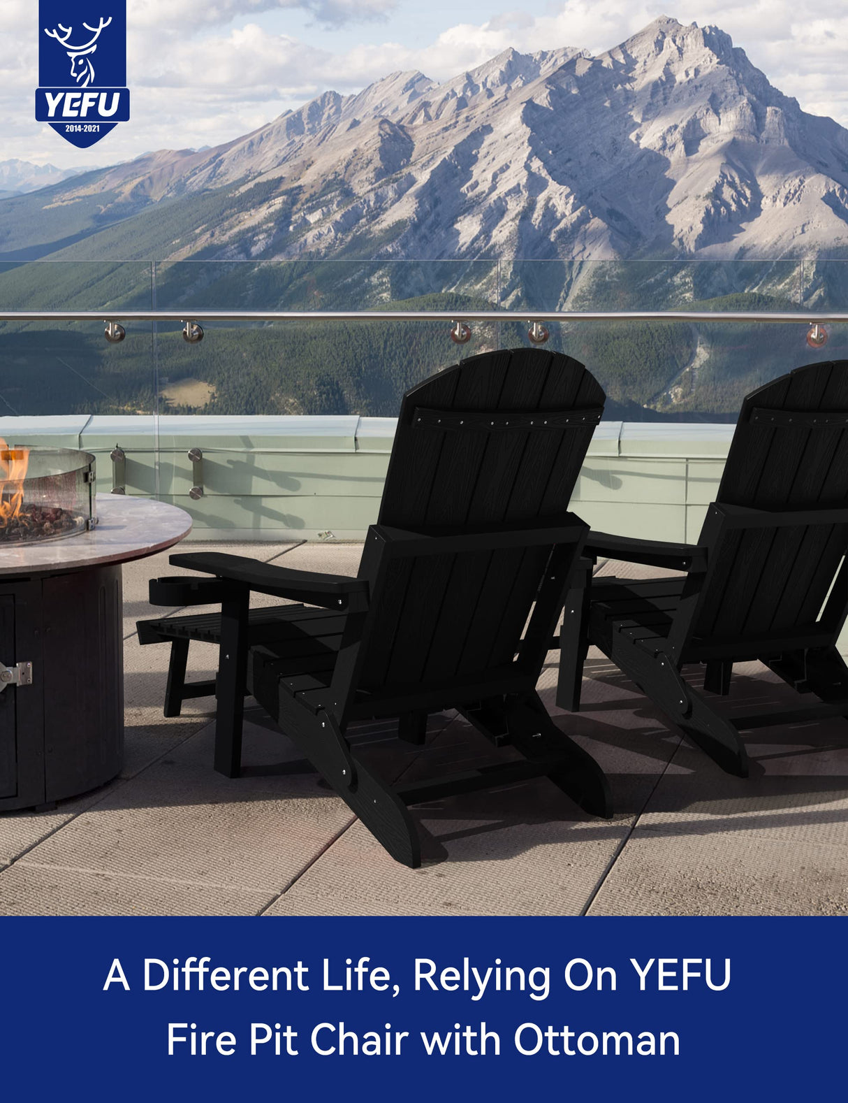 YEFU Adirondack Chair with Ottoman, Adjustable Backrest Adirondack Chairs, Folding Outdoor Fire Pit Chair with 2 Cup-Holders, Weather Resistant for Patio Lawn Outside Garden Pool, 380lbs (Black) YEFU