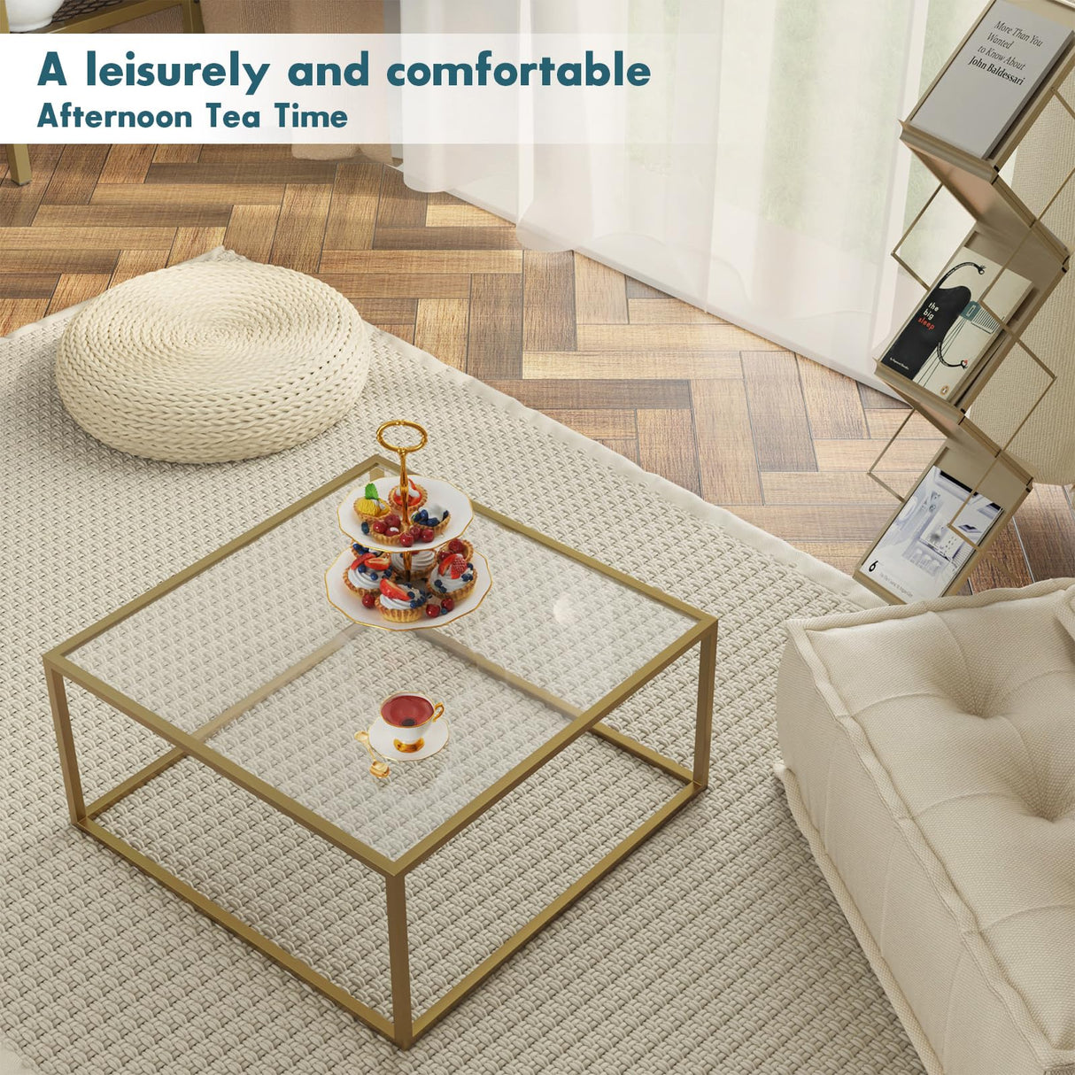 SAYGOER Gold Coffee Table Glass Modern Coffee Tables for Small Space Simple Square Center Table for Living Room Home Office 26.7 x 26.7 x 17.7, Easy Assembly SAYGOER