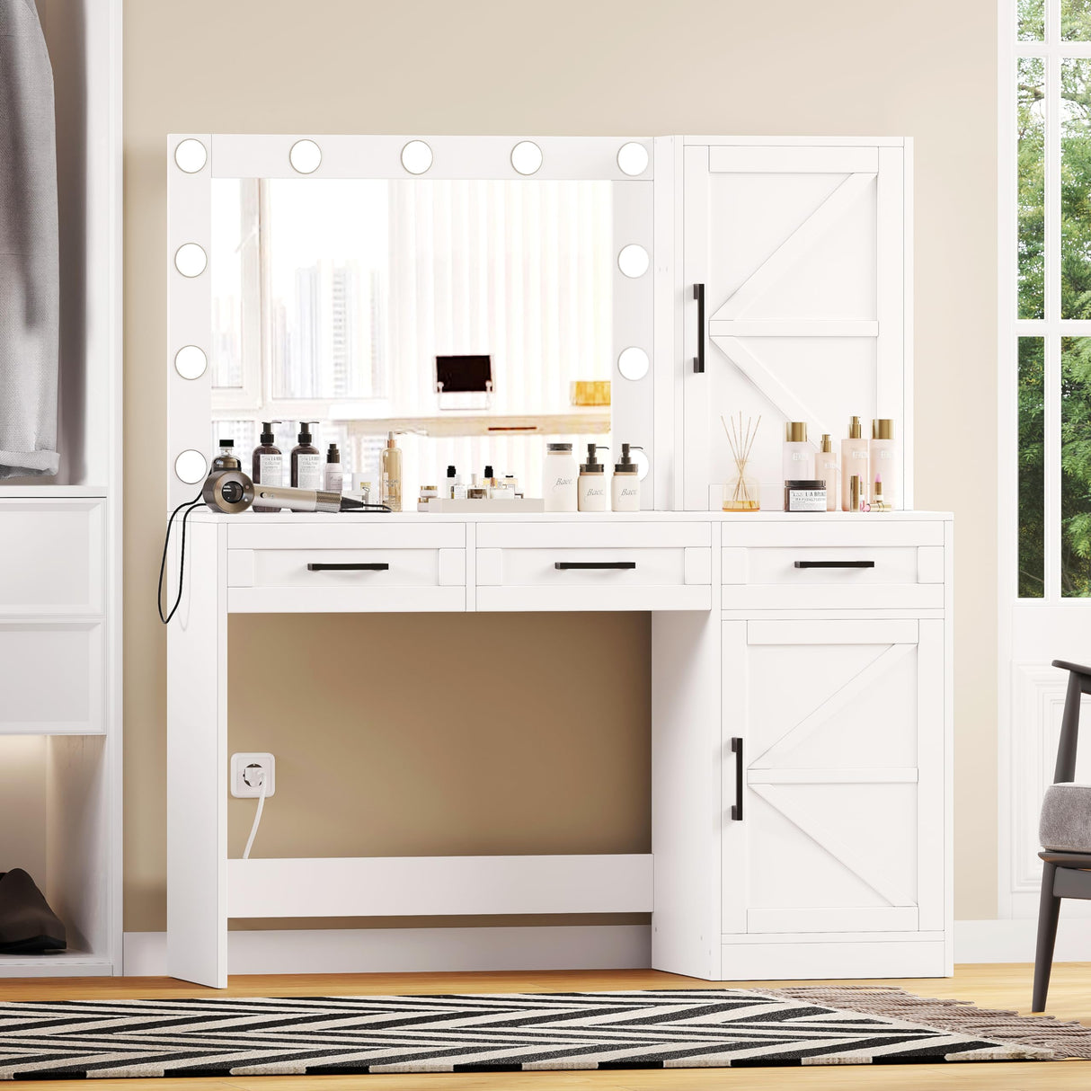 Rovaurx Vanity Table with Mirror & Lights, Farmhouse Makeup Vanity with 10 Necklace Hooks, Vanity Desk with Charging Station, 3 Color Lighting Modes, Door Cabinet, White RSZT112W Rovaurx