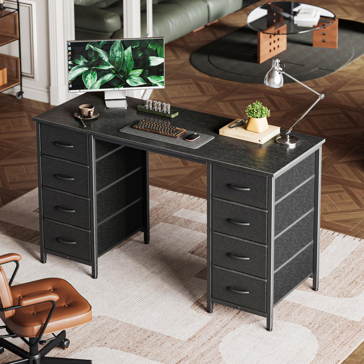 Huuger 47 Inch Computer Desk with 8 Drawers, Office Desk Work Desk for Home Office, Study, Gaming Desk with Fabric Drawers, Large Storage, Black Huuger